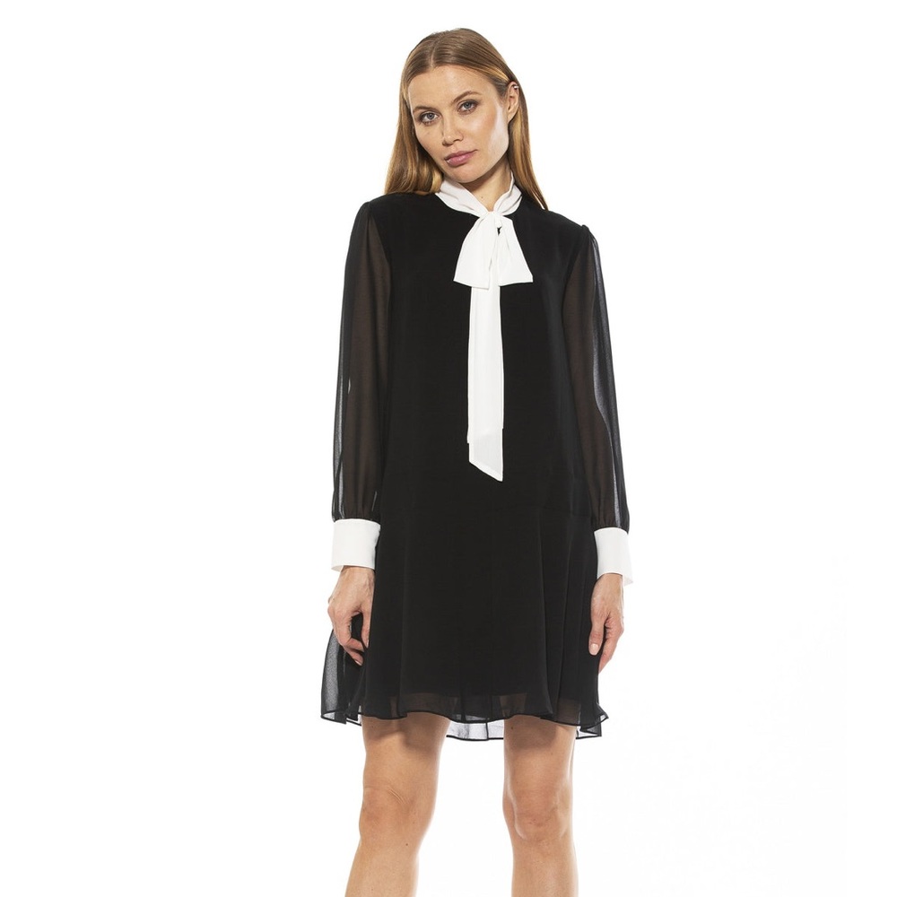 Alexia Admor Black and White Tie-Neck Long-Sleeve Shift Dress